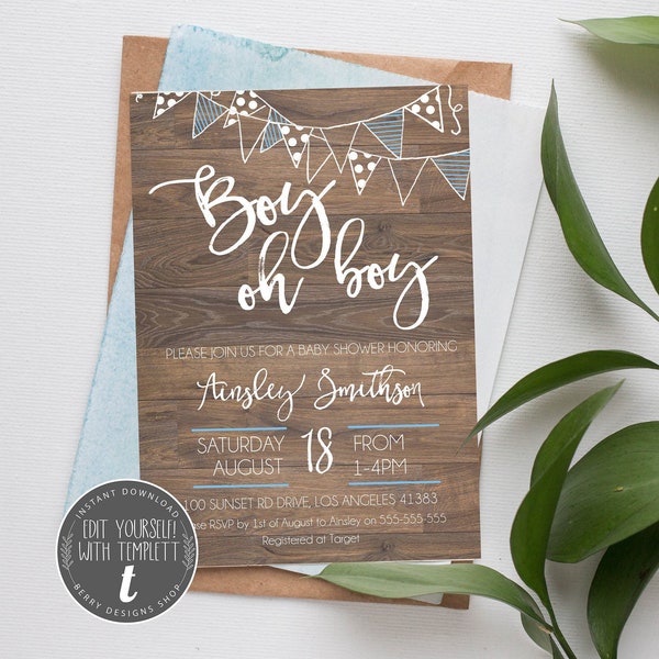 Boy Oh Boy Baby Shower Rustic Editable Template, Instant Download, Baby Shower Invite, Baby Boy, Blue, Printable Invitation, Wood, BD-05