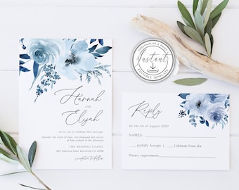 Dusty Blue Wedding Invitation Suite, Editable Template, Blue Floral Wedding Invitation, Watercolor Floral, Boho, Printable Invite - BD93