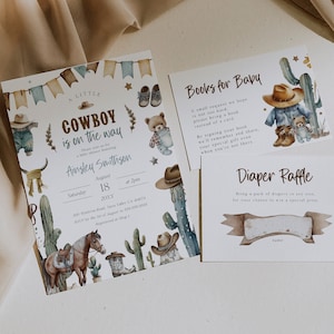 Little Cowboy Baby Shower Invitation Bundle, Western Baby Shower Invitation Set, Boy Baby Shower, Rodeo Baby Shower, Printable Invite, BD185