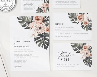 Tropical Wedding Suite Invitation Set, Tropical Blush Wedding, Boho Wedding Invitations, Printable Invite, Instant Download - BD79