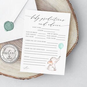 Carte modifiable prédictions et conseils pour bébé éléphant, jeu de baby shower, activité, non sexiste, carte de jeu imprimable, téléchargement immédiat - BD82
