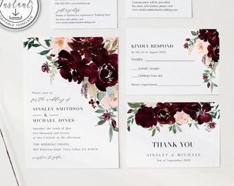 Modelo editável de convite de casamento Borgonha, conjunto de convites rústicos, conjunto de convites, convite de casamento simples para impressão - BD86