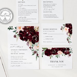 Burgundy Wedding Invitation Editable Template, Rustic Wedding Invitation Suite, Invitation Set, Printable Simple Wedding Invitation - BD86