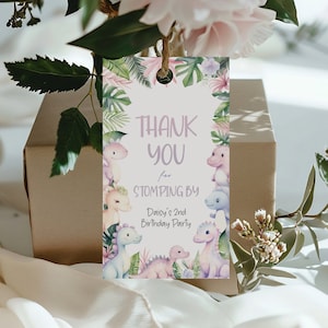 Girl Dinosaur Thank You Gift Tag, Pink Dinosaur Party Favors, Printable Dinosaur Favors, Pastel Dinosaur Birthday Party, Dino Party, BD214