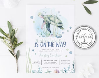 May include: A blue and green baby shower invitation with a watercolor illustration of a sea turtle. The text reads "A little hatchling is on the way".