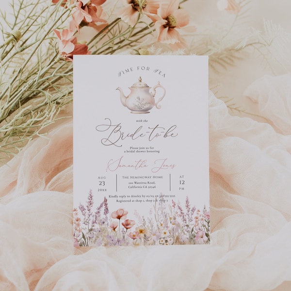 Pink Wildflower Tea Party Bridal Shower Invitation, Watercolour Wildflower Time for Tea Editable Invite, Modern Floral High Tea Invite BD205