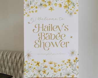 Honey Bee Editable Welcome Sign, Bee Baby Shower Printable Welcome Sign, Mommy to Bee, Pastel Yellow Floral, Sweet as can Be Shower, BD216