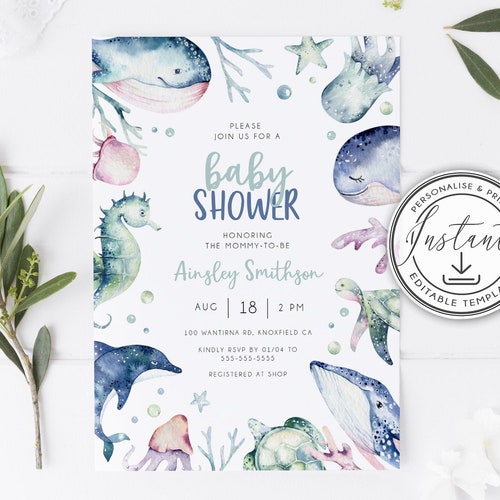 Ocean Sea Baby Shower Invitation Editable Template Ocean Etsy