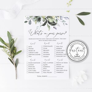 Greenery What&#39;s in your purse Baby Shower Game Card, Rustic Eucalyptus Baby Shower  Activity Card, Instant Download, Printable Card, BD44