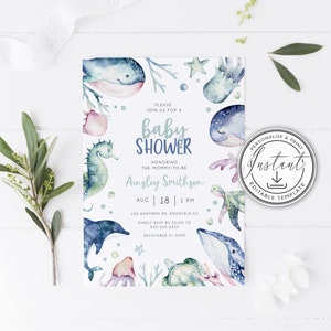 Ocean & Sea Baby Shower Invitation Editable Template, Ocean Baby Shower Invite, Instant Download, Gender Neutral, Printable Invite, BD105