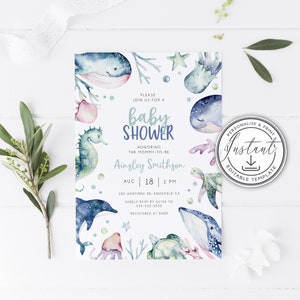 Ocean & Sea Baby Shower Invitation Editable Template, Ocean Baby Shower Invite, Instant Download, Gender Neutral, Printable Invite, BD105