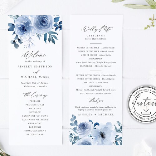 Dusty Blue Wedding Program Editable Template Modern Rustic Etsy