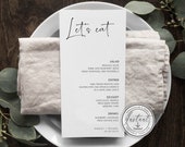 Minimalist Menu Editable Template, Modern Wedding Menu, Let's Eat, Minimal Wedding, Wedding Table Decor, Instant Download, Printable, BD53