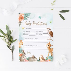 Woodland Baby voorspellingen kaart, bosdieren babyshower, bewerkbare kaartsjabloon, Instant Download, afdrukbare babykaart, BD111