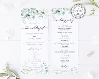 Greenery Wedding Program Editable Template, Eucalyptus Wedding program, Printable Order of Service, Ceremony Program, Elegant, Leaves, BD70