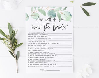 How Well do You know the Bride Quiz / Questionnaire Editable Template, Bridal Shower Games, Kitchen Tea, Eucalyptus, Greenery, Boho BD-27