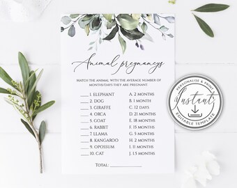 Greenery Animal Pregnancy's Baby Shower Game Card, Editable Template, Printable Game Cards, Instant Download, Eucalyptus, Activity Card BD44