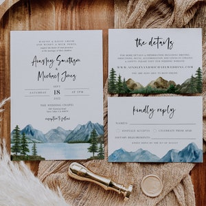 Mountain Wedding Invitation Set, Lake Wedding Editable Invitation Suite, Rustic Wedding Invite, Instant Download, Printable Invitation BD124