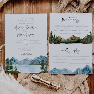 Mountain Wedding Invitation Set, Lake Wedding Editable Invitation Suite, Rustic Wedding Invite, Instant Download, Printable Invitation BD124