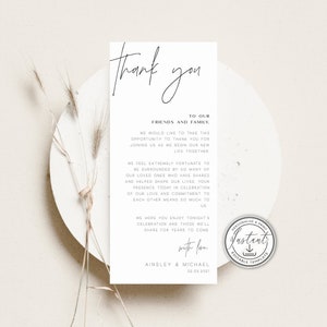 Minimalistische Hochzeit Dankeschön Vorlage, moderne Hochzeit Gedeck Dankeschön, Tischkarte, bearbeitbar, Sofort Download, Minimal BD108 Bild 1