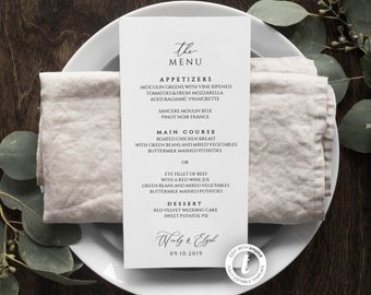 Plantilla de menú de boda, imprimible, editable, para recepción, decoración de mesa de boda, descarga instantánea, estilo rústico moderno, tarjeta de menú, BD44