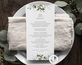 Wedding Menu Template, Printable Menu, Greenery, Editable, Reception menu, Wedding Table Decor, Instant Download, Rustic, Eucalyptus, BD44