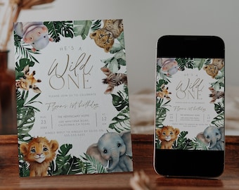 Wild One Birthday Invitation, Wild One Invitation, Safari Wild One Party Invite, Printable Invitation, Phone Invite, Jungle Animals, BD183