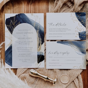 Foil Wedding Invitation Suite Navy Blue Cardstock Splatter Rose Gold Foil,  Silver Foil, Gold Foil A5 A6 