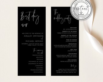 Schwarzes modernes Hochzeitsprogramm bearbeitbare Vorlage, minimalistisches Hochzeitsprogramm, druckbare minimalistische Ordnung des Service, Zeremonieprogramm, BD64