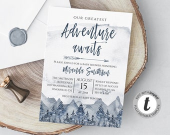 May include: A baby shower invitation with a watercolor mountain scene in shades of blue and gray. The text reads "Our Greatest Adventure Awaits" and includes the name "Miranda Smithson". The invitation details the date, time, and location of the shower.