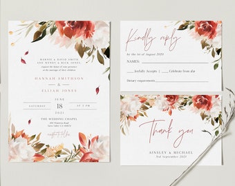 Rustic Fall Wedding Invitation Suite Editable Template, Autumn Wedding Invitation Set, Instant Download, Printable Invitation, Floral- BD109