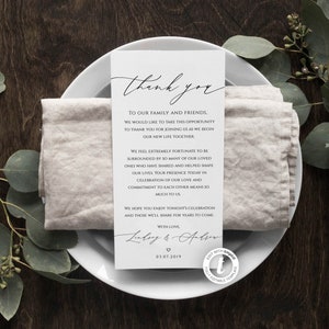 Wedding Thank You Note Template, Rustic, Wedding Place Setting Thank You, Table Card, Editable, Instant Download, Wedding Table Decor, BD50