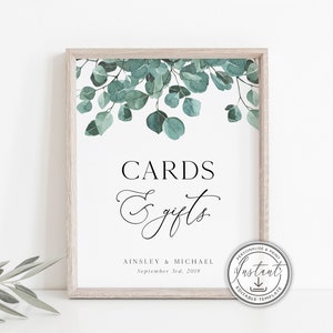 Modèle de panneau pour cartes et cadeaux verdure, panneau modifiable pour mariage, eucalyptus, téléchargement immédiat, panneau imprimable, décoration de mariage, rustique, bohème, BD65