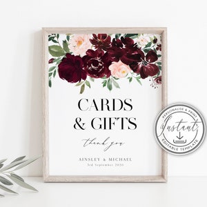 Modèle modifiable de signe floral bordeaux pour cartes et cadeaux, signe de mariage rustique, téléchargement immédiat, signe imprimable, signalisation de mariage moderne - BD86