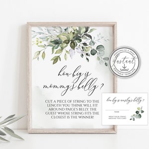 Placa de chá de bebê "O tamanho da barriga da mamãe" com tema verde, modelo editável, chá de bebê rústico de eucalipto, download instantâneo, cartão para impressão BD44