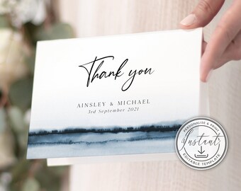 Watercolour Wedding Thank You Folded Card, Beach, Lake, Destination Wedding Cards, Instant Download, Printable Card, Minimalist - MORGAN