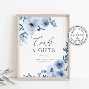 Dusty Blue Cards & Gifts Sign Template, Blue Floral Wedding Editable Sign, Modern Rustic Wedding, Printable Sign, Instant Download- BD93
