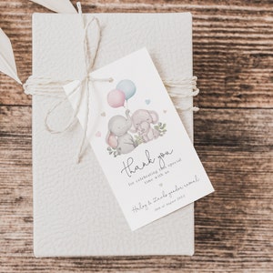 Elefant Geschlecht offenbaren Danke Gefälligkeiten, Elefant Geschlecht offenbaren druckbarer Geschenkanhänger, Danke Geschenkanhänger, er oder sie Geschenkanhänger, druckbare Bevorzugungen, BD179