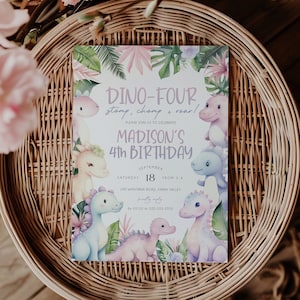 Girl Dinosaur Birthday Editable Invitation, Girl 4th Birthday Printable Invite, Pink & Purple Dinosaur Birthday Party, Dino-Four, BD214