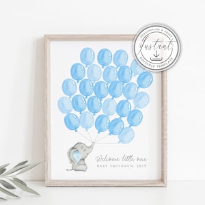 Elefant Ballon Gästebuch Poster, Signatur Gästebuch Alternative, Blauer Elefant Baby Shower, Ballon Baby Shower Schild, Baby Boy, BD42