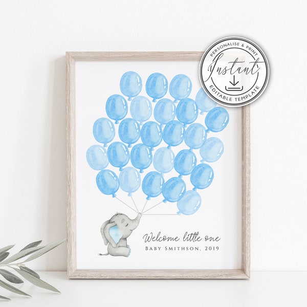 Elephant Balloon Guest Book Poster, Signature Guestbook Alternative, Blue Elephant Baby Shower, Balloon Baby Shower Sign, Baby Boy, BD42