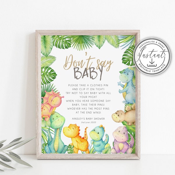 Dinosaur Don't Say Baby Baby Shower Editable Sign template, Dinosaur Baby Shower, Boy Baby Shower, Instant Download, Printable Sign - BD101