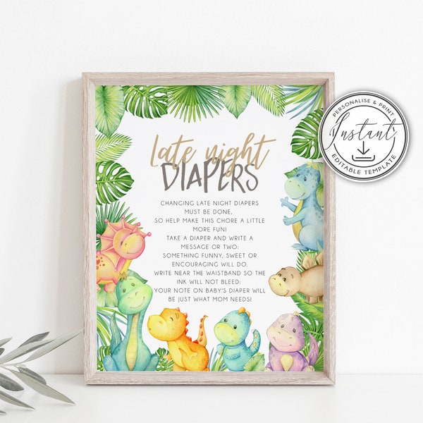 Dinosaur Late Night Diapers Baby Shower Editable Sign template, Dinosaur Baby Shower, Boy Baby Shower, Instant Download, Printable - BD101