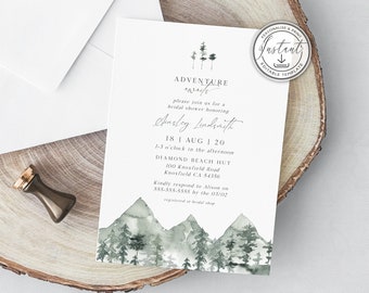 Mountain Bridal Shower Editable Invitation, Watercolor Pine Trees, Adventure Awaits, Printable Invite, Rustic, Forest, Kitchen Tea - BD75