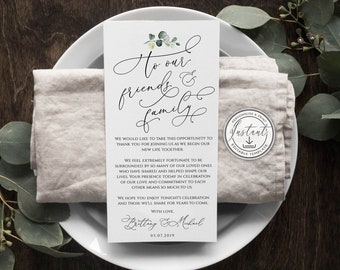 May include: A printable wedding table card with a green leafy design and the text "To our friends & family". The card includes a message thanking guests for joining the couple as they begin their new life together. The card also includes the couple's names and wedding date.