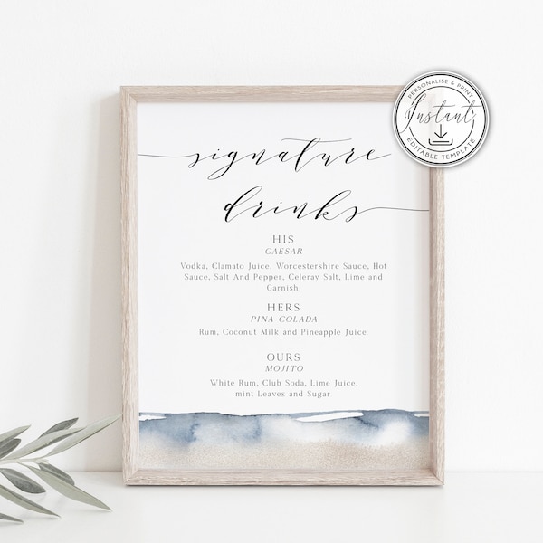 Beach Wedding Signature Drinks Editable Sign, Destination Wedding Sign, Ocean Wedding Signage, Instant Download, Printable, Nautical - BD74