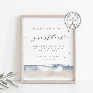 Beach Wedding Guestbook Editable Sign, Destination Wedding Sign, Ocean Wedding Signage, Instant Download, Printable Sign, Nautical - BD74