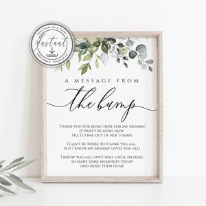 Message From the Bump Sign, Editable Template, Baby Shower Sign, Greenery, Instant Download, Printable, Eucalyptus, Rustic Baby Shower, BD44