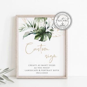 Tropical 8x10 inch Custom Sign Template, Greenery Wedding Sign, Printable Sign, Custom Shower Sign, Instant Download, Botanical, Gold, BD59