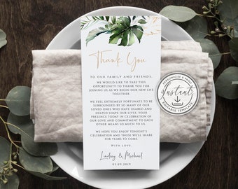 Tropical Greenery Wedding Thank You Note Template, Rustic, Wedding Place Setting Thank You, Table Card, Editable, Instant Download, BD59